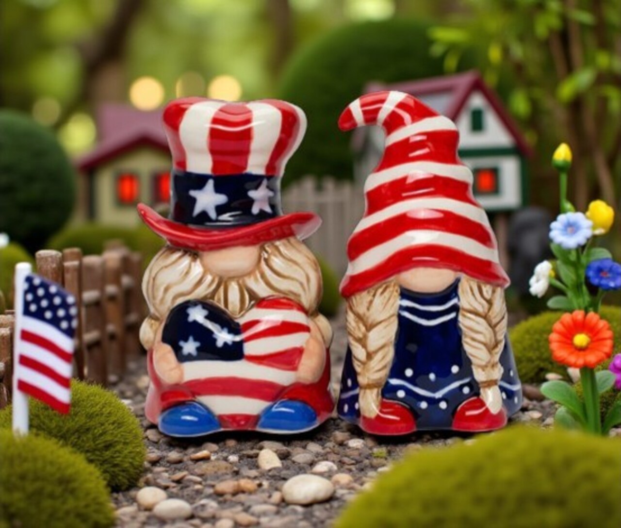 Ceramic Patriot Gnome Salt and Pepper Shakers, July 4th Decor, Independence Day Decor, Fairy Garden Decor, Patriotic Gift, Gnome Collector Gift